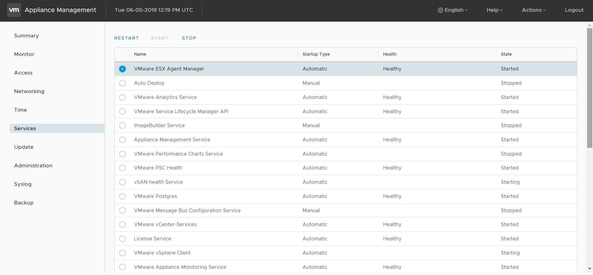 VCSA 6.7 Services Control
